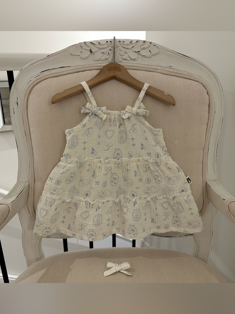 🦢 12 Mth Organic Cotton Ivory~Cream Tiered Baby Dress with Light Blue Swan Print